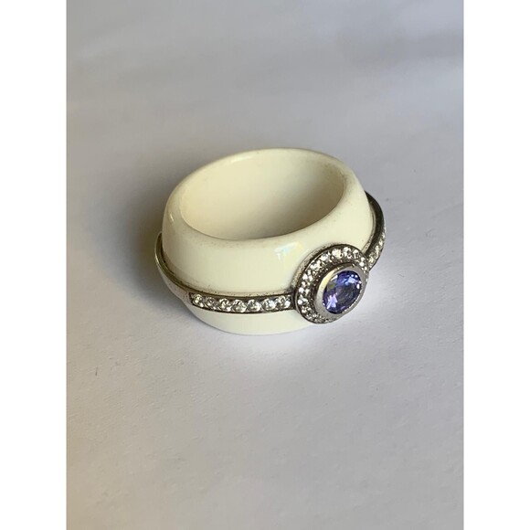 Amethyst and White Topaz Ring Size 7 Ceramic .925 Sterling Silver - Picture 1 of 6